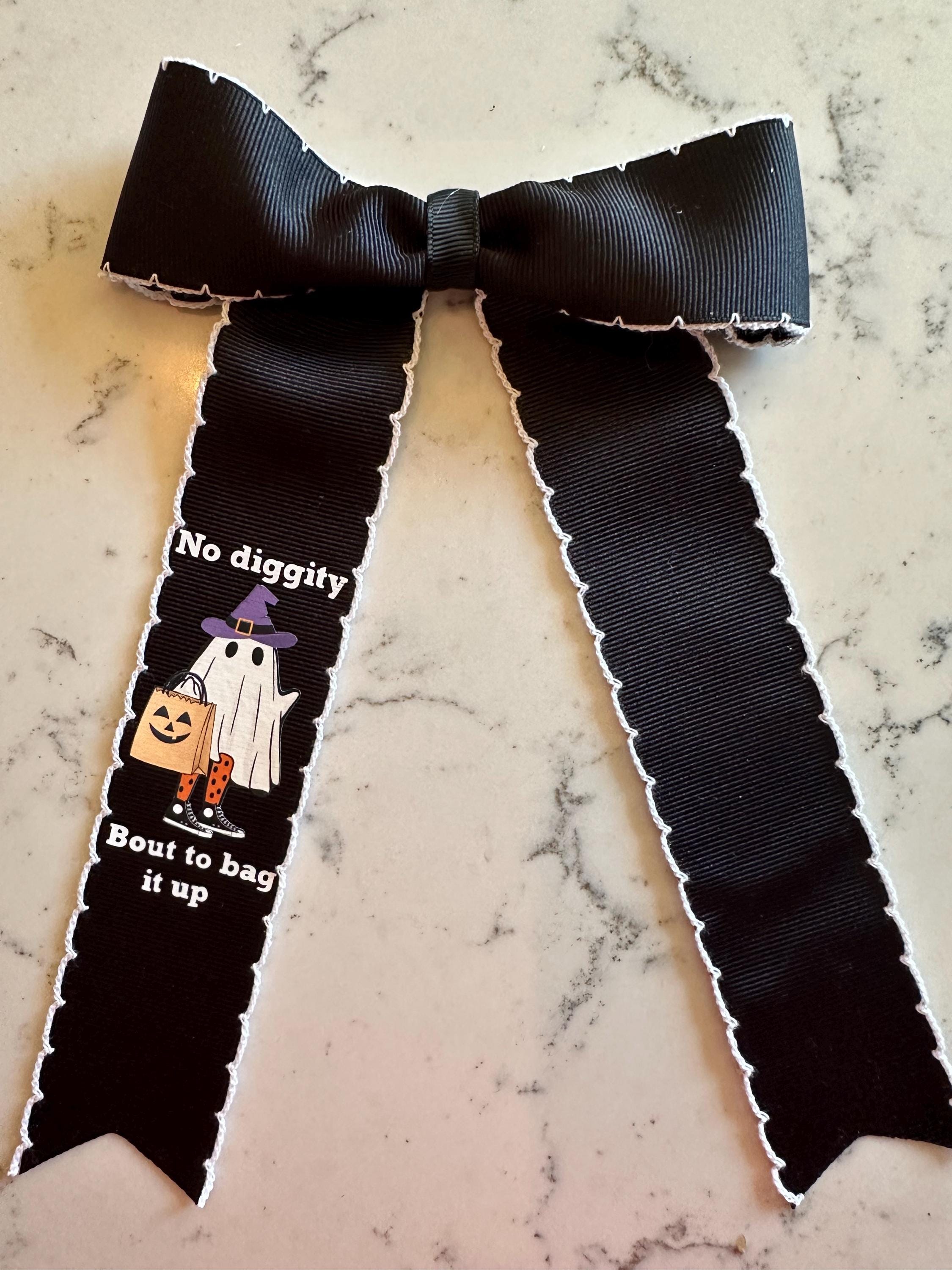 Halloween Hair Ribbon, No Diggity, bag it up, Hippie Halloween, boot scootin spooky, Bow Gift for Girls, Clip or Ponytail Band, Moon Stitch