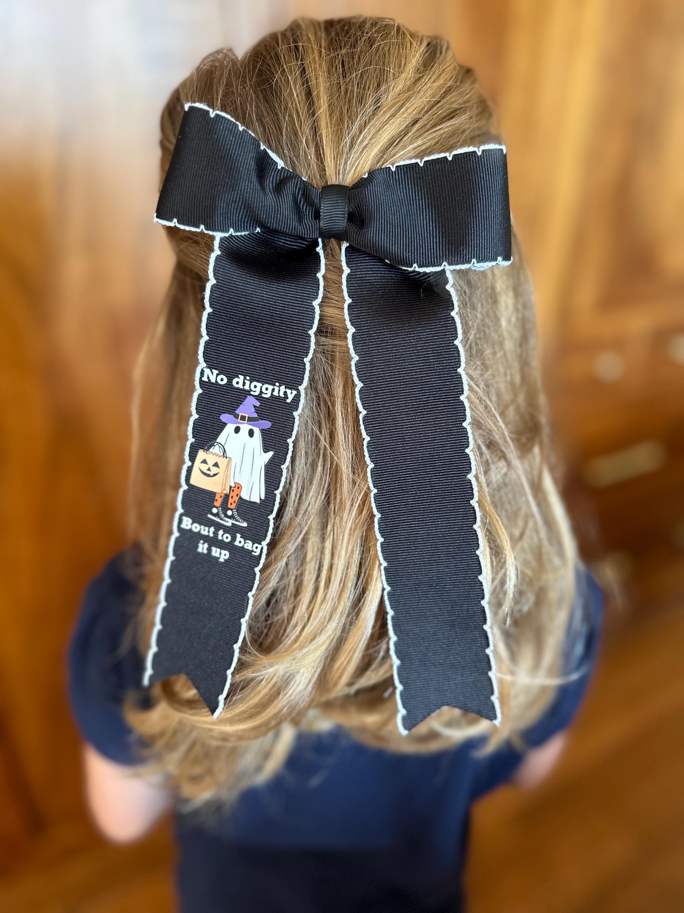 Halloween Hair Ribbon, No Diggity, bag it up, Hippie Halloween, boot scootin spooky, Bow Gift for Girls, Clip or Ponytail Band, Moon Stitch