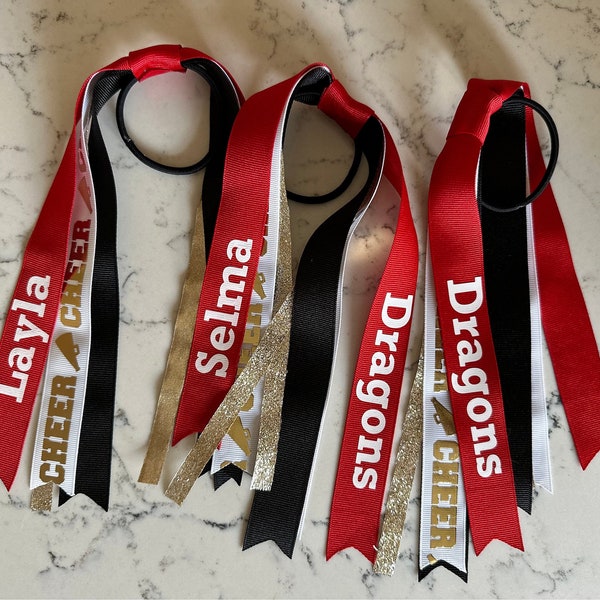 Custom Cheerleader Hair Ribbon, Ponytail Hair Ties, Streamer Bow Personalized for school, sports, college, teams