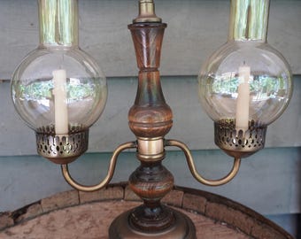 Vintage Double Hurricane Candle Holder  Brass & Wood Bouillotte Style Cottage Decor