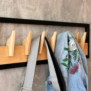 Entryway wall mounted coat rack, industrial metal decor, hallway floating hanger, wooden rail, farmhouse coat stand, wooden hooks that move