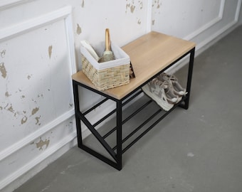 Minimalist Entryway Shoe Rack Bench: Handmade Wood & Metal