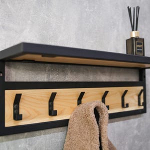 Modern Wall Mounted Coat Rack with Shelf - Industrial Entryway Hook Rack - Black Metal & Wood Wall Hanger - Rustic Home Decor