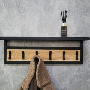 Entryway wall mounted coat rack, industrial metal decor, hallway floating shelf, wooden rail, farmhouse coat stand,bent metal hooks