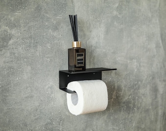 Soporte para papel higiénico de metal negro mate con estante: organizador de baño moderno