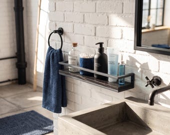 Estantería de baño con riel metálico, estante flotante para baño, estante de pared de madera, organizador de baño rústico, estante para champú