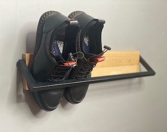 Wall Mounted Shoe Rack: Industrial Metal & Wood Entryway Organizer