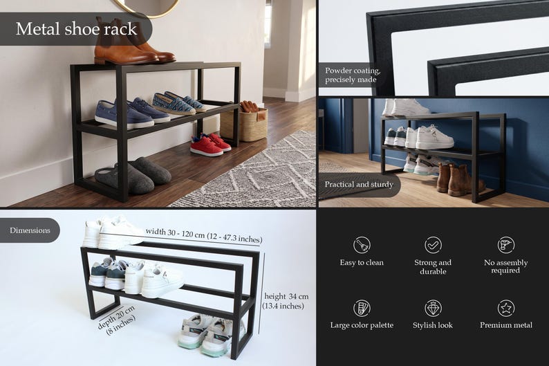 Op de afbeelding: Een zwart metalen schoenenrek met twee opbergniveaus. Het frame heeft een poedercoating. De afmetingen zijn aangegeven als 30-120 cm breed, 34 cm hoog en 20 cm diep, inclusief de bijbehorende afmetingen in inches.