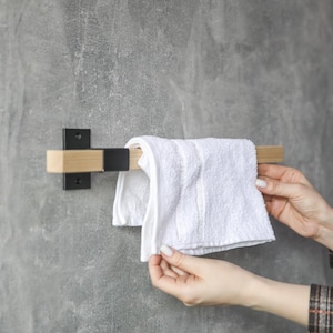 Modern Towel Rack – Wall Mounted Metal and Wood Towel Holder, Minimalist Bathroom or Kitchen Hanger
