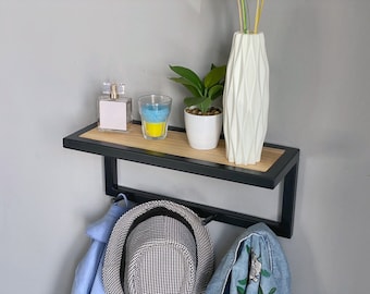 Hallway shelf with hooks, Entryway organizer, Housewarming gift, Wall mounted coat rack, Metal wooden hanger shelf, Wall mounted shelf