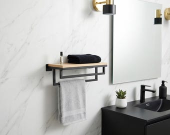 Prateleira de banheiro com suporte para toalha, prateleira flutuante para banheiro, organizador de banheiro de parede, armazenamento de banheiro em madeira e metal, decoração estilo fazenda