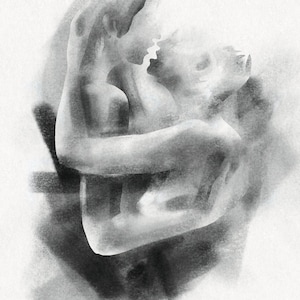 Abstract Charcoal drawing of a couple embrace - Lovers Painting - Intimate Sensual Bedroom Art - Giclee Print 16x20” - Lesbian LGBTQ Pride