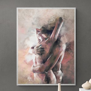 Romantic Figurative Painting “Loving Embrace (2025)&quot;, Limited Edition (30) Fine-Art print, Pastel Wall Art, Sensual Couple Home Decor