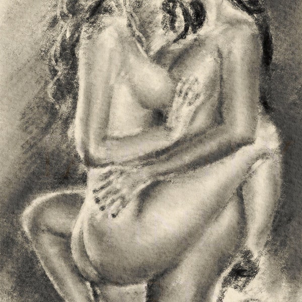 Fine Art print, Original Edition - Erotic Sensual wall art - Nude Female Couple - Oil Pastels on sepia paper - Celebrate LGBTQ Lesbian Love