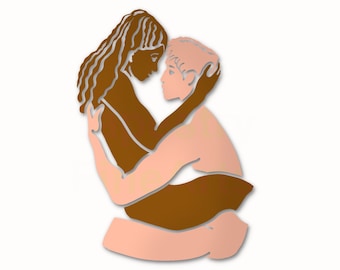 Couple silhouette, an original Fine Paper Art - One of a kind Personalized Gift, in a deep square frame - Interracial couple embrace