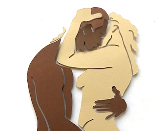 Desire, Lovers silhouette, a one of a kind Personalized Gift - original Fine Paper Art in a 10&quot; frame, interracial / mixed couple version