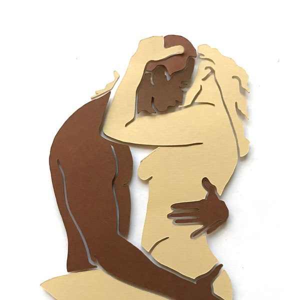 Désir, silhouette d'amoureux, cadeau personnalisé unique en son genre - oeuvre d'art originale sur papier fin dans un cadre de 10 pouces, version interracial / couple mixte