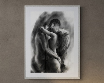 Charcoal drawing of a Mixed couple hugging - Interracial Couple, Lovers Intimate Moments - Original Sensual Bedroom Art, Giclee Print 20x28”