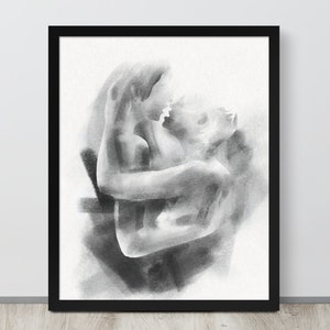 Abstract Charcoal drawing of a couple embrace - Lovers Painting - Intimate Sensual Bedroom Art - Giclee Print 16x20” - Lesbian LGBTQ Pride