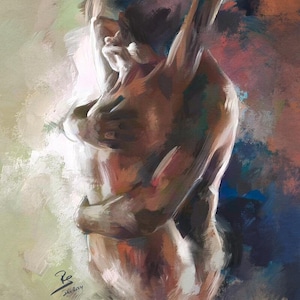 Abstract Couple Embrace Painting, &quot;Loving Embrace (2024)&quot; - Romantic Art Print, Bedroom Wall Decor, Anniversary Gift, Couple Gift