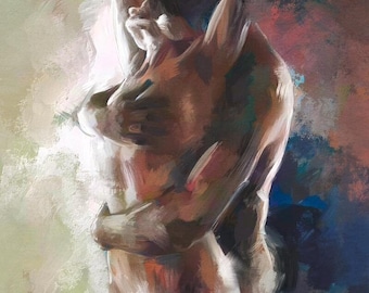 Abstract Couple Embrace Painting, &quot;Loving Embrace (2024)&quot; - Romantic Art Print, Bedroom Wall Decor, Anniversary Gift, Couple Gift