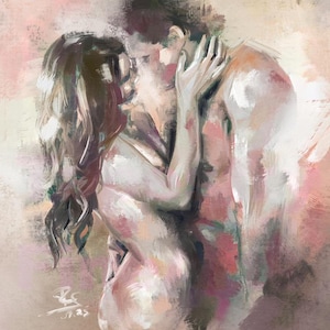 Tender Embrace - Limited Edition (30) Romantic Fine Art Print, Couple Kissing Wall Art, Impressionist Figurative Painting, Sensual Boudoir