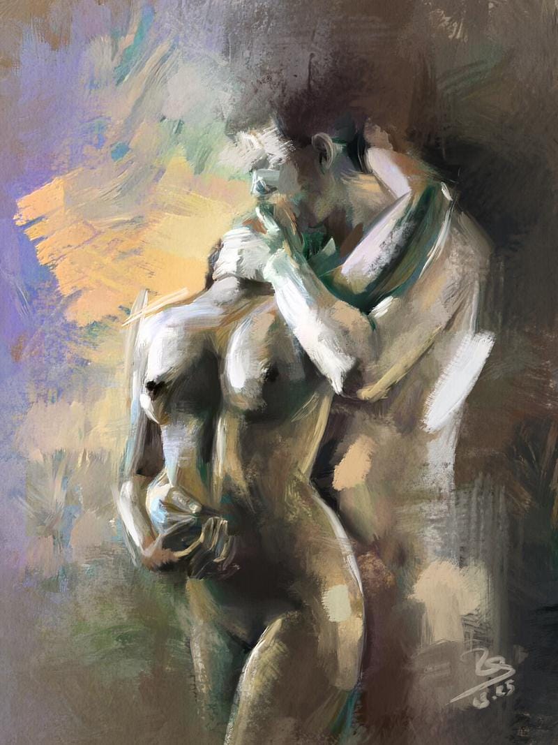 Sensual Couple Fine Art Print, "Letting go (2025)" | Romantic Wall Decor | Abstract Couple Embrace Painting | Limited Edition (30)