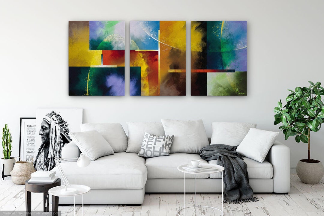 Large Abstract Painting With Geometric Shapes & Vibrant Colors - Modern ...