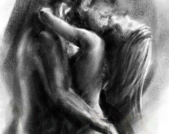 Charcoal drawing of a Mixed couple hugging - Interracial Couple, Lovers Intimate Moments - Original Sensual Bedroom Art, Giclee Print 20x28”