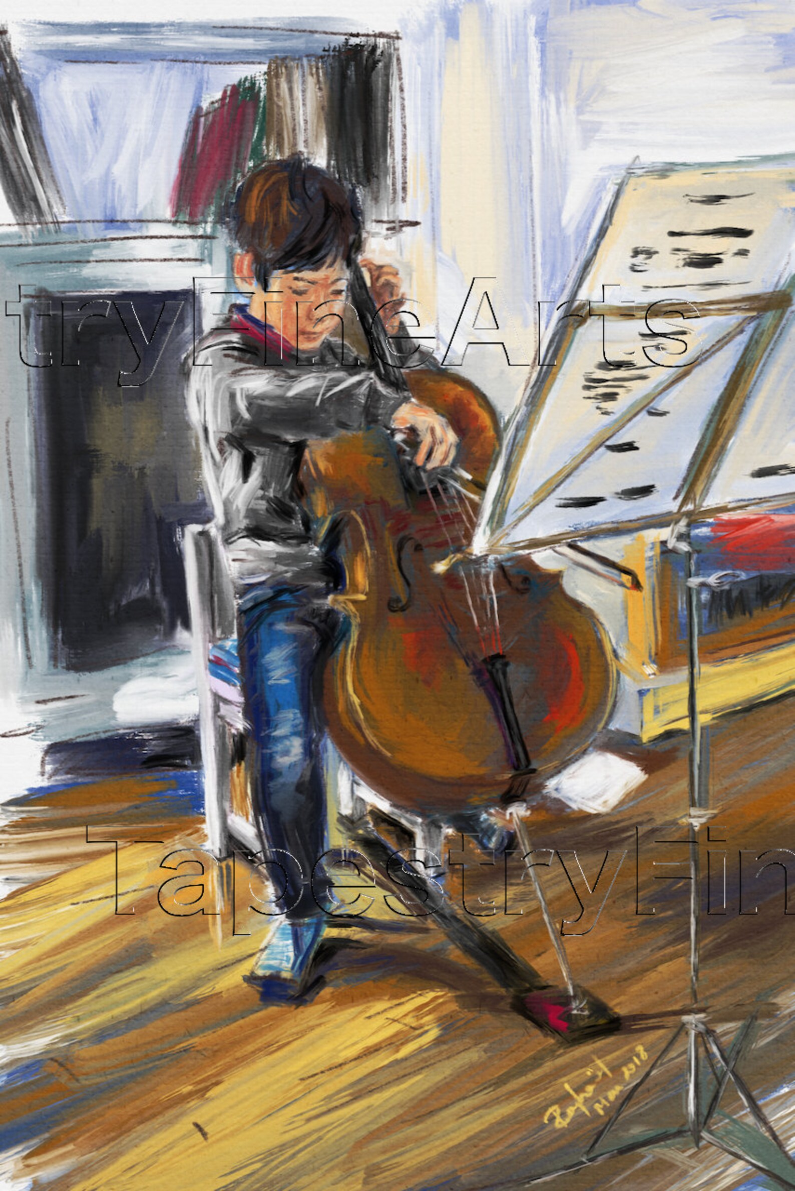 Original Oil Painting - Young Musician Playing the Cello - Contemporary ...