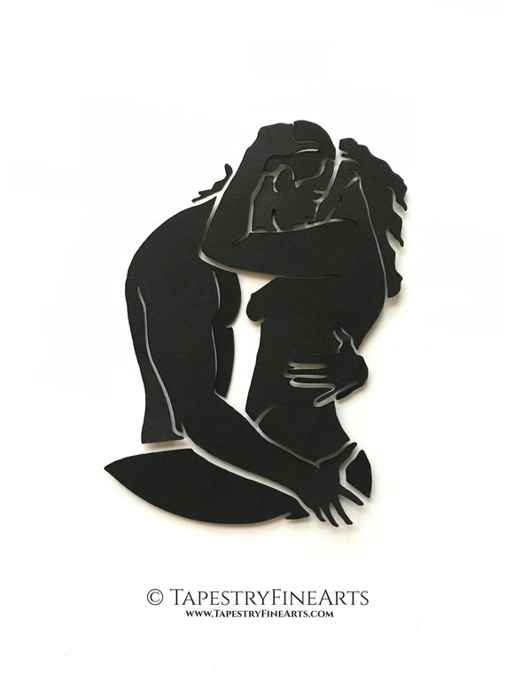 Desire - Lovers silhouette, an original Fine Paper Art - One of a kind Personalized Gift, in a deep square frame, Minimalist Interior Design