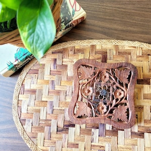 hand-carved wooden trivit . boho wooden plant stand