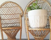 pair of mini boho wicker chairs . rattan plant stands