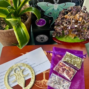 May include: A still-life arrangement featuring a potted plant, a black box with a purple candle, and a small amethyst tree. A purple pouch holds three small packets. A white paper with text and a gold-colored decorative item are also present.