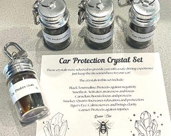 Car Protection crystals keychain - Tourmaline, Amethyst, Carnelian, Smokey Quartz, Tiger's Eye