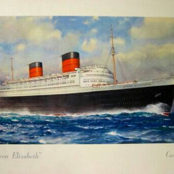 Original Lithograph Queen Elizabeth Cunard Line, C.E Turner, années 50