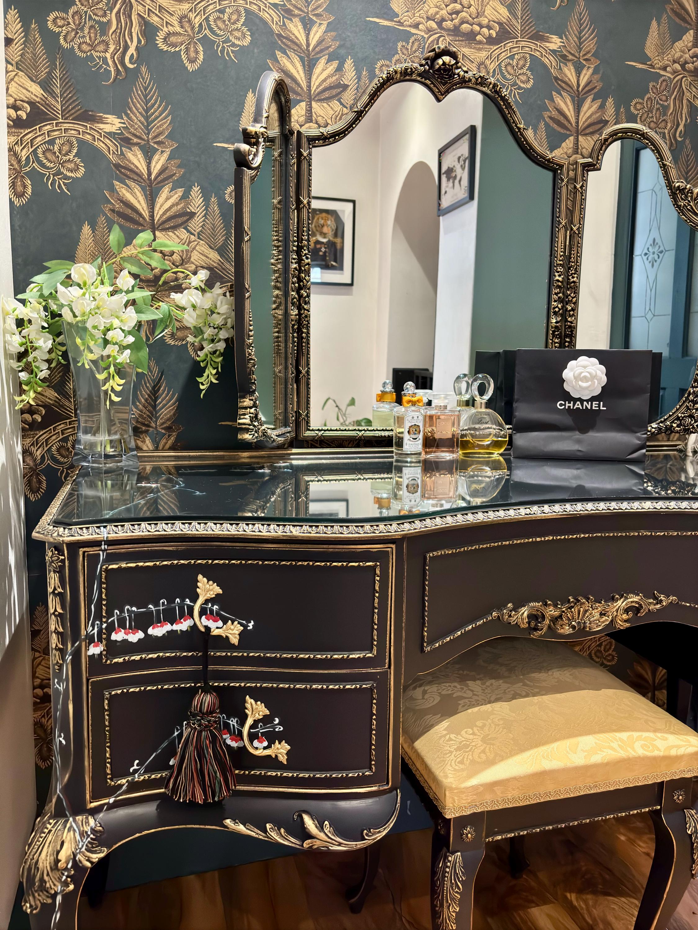 antique gold dressing table Elaborate Carved Gold Patina Finish Desk Vanity Dressing Table with 7 Drawers By Homeroots