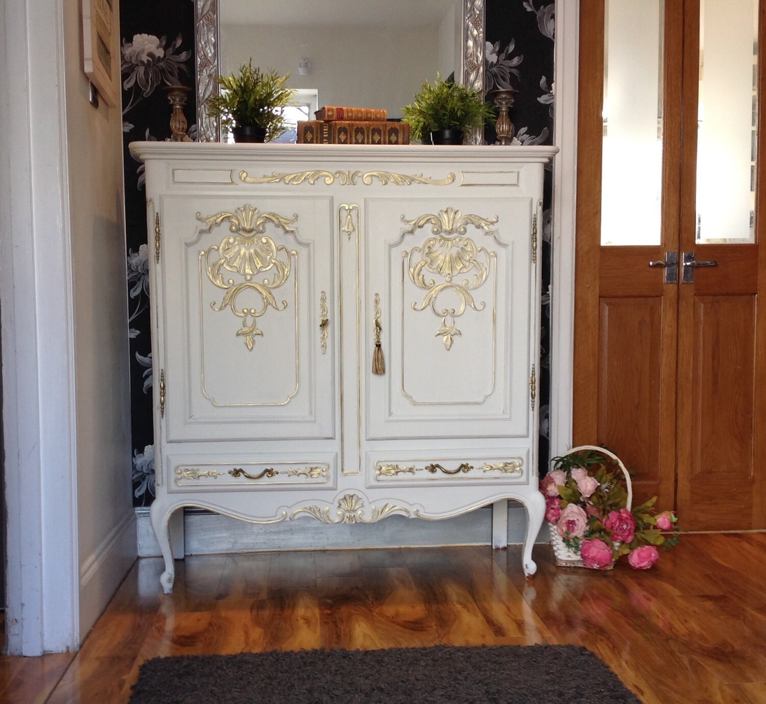 Soldhand Painted Carved Vintage French Cabinet Shabby Chic Drinks