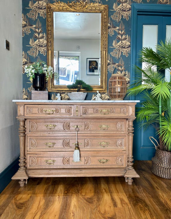 French Antique Marble Top Chest of Drawers, Stripped Oak - Etsy
