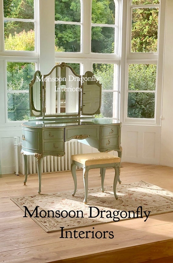 dressing table green Dressing Table with Triple Mirror and Stool – Upcite main image 0