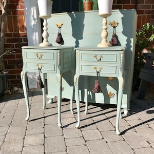 Stunning French Olympus Louis Style Pair Bedside Cabinets Tables In Annie Sloan Duck Egg Matching Chest