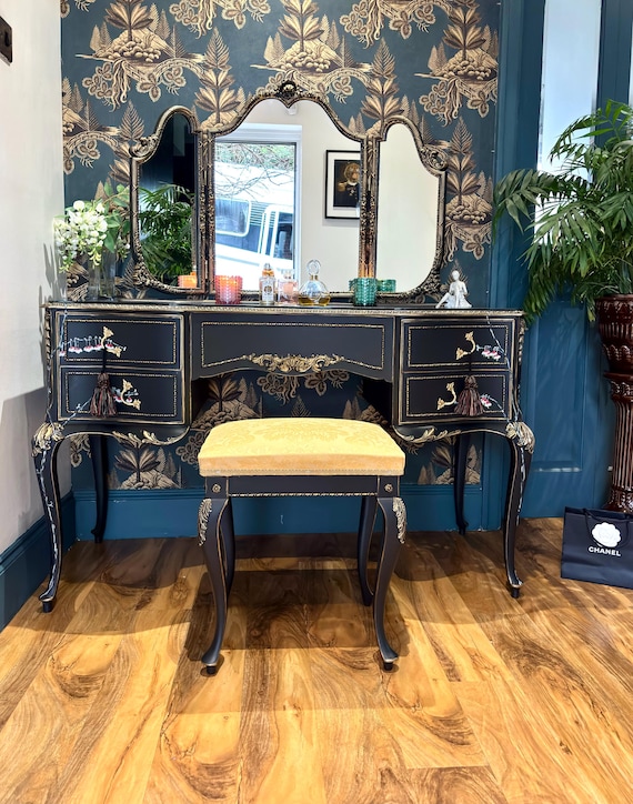 Vintage French Louis Style Dressing Table, Hand-painted Black & Gold - Etsy