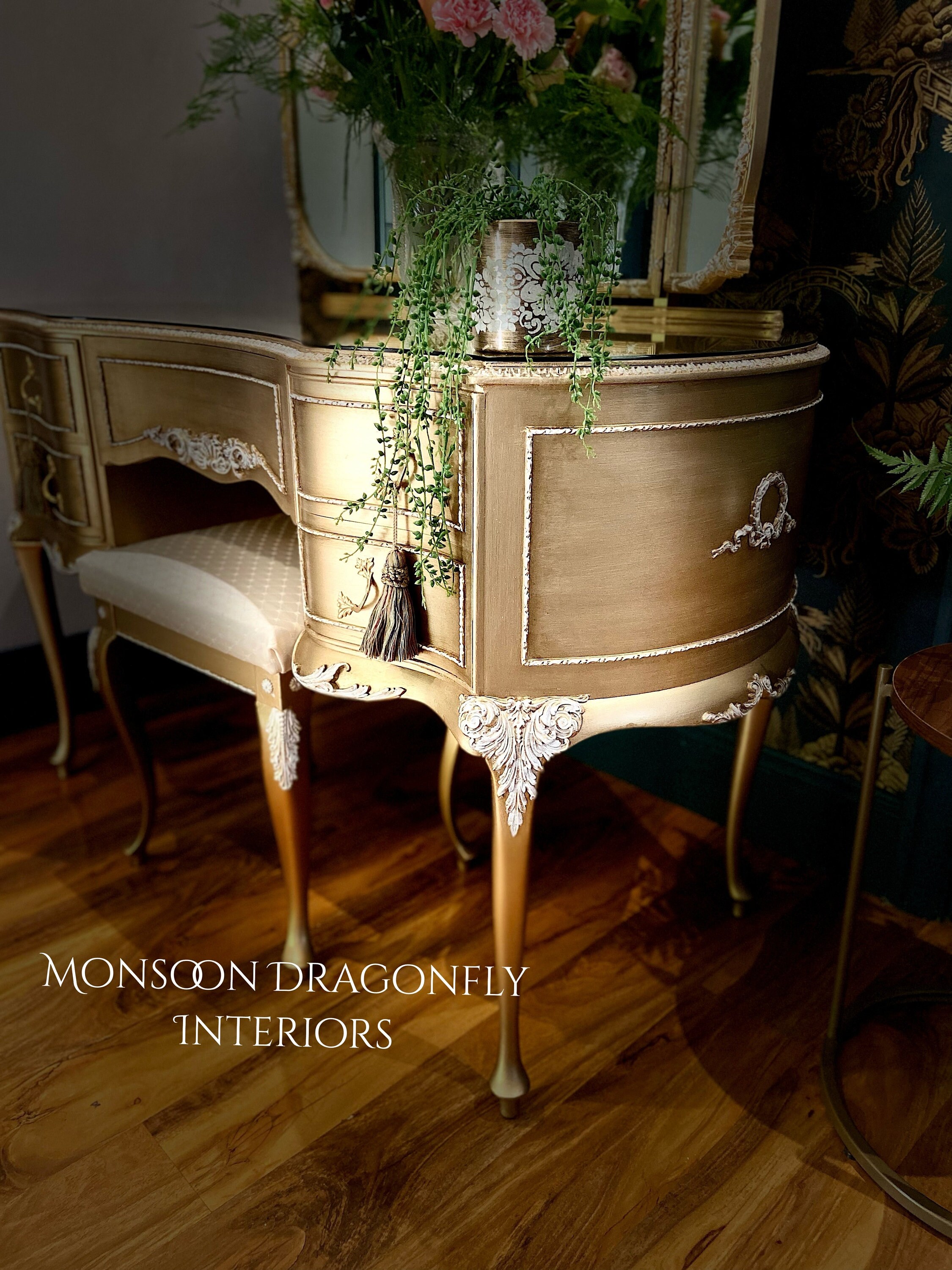 gold vintage dressing table Vintage Gold Louis Style Olympus Antoinette Dressing Table ,mirror&stool in  Gold