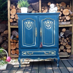 SOLD ~~~Stunning Carved French Shabby Chic Sideboard Cupboard Cabinet in Annie Sloan Aubusson Blue Hand Painted Furniture