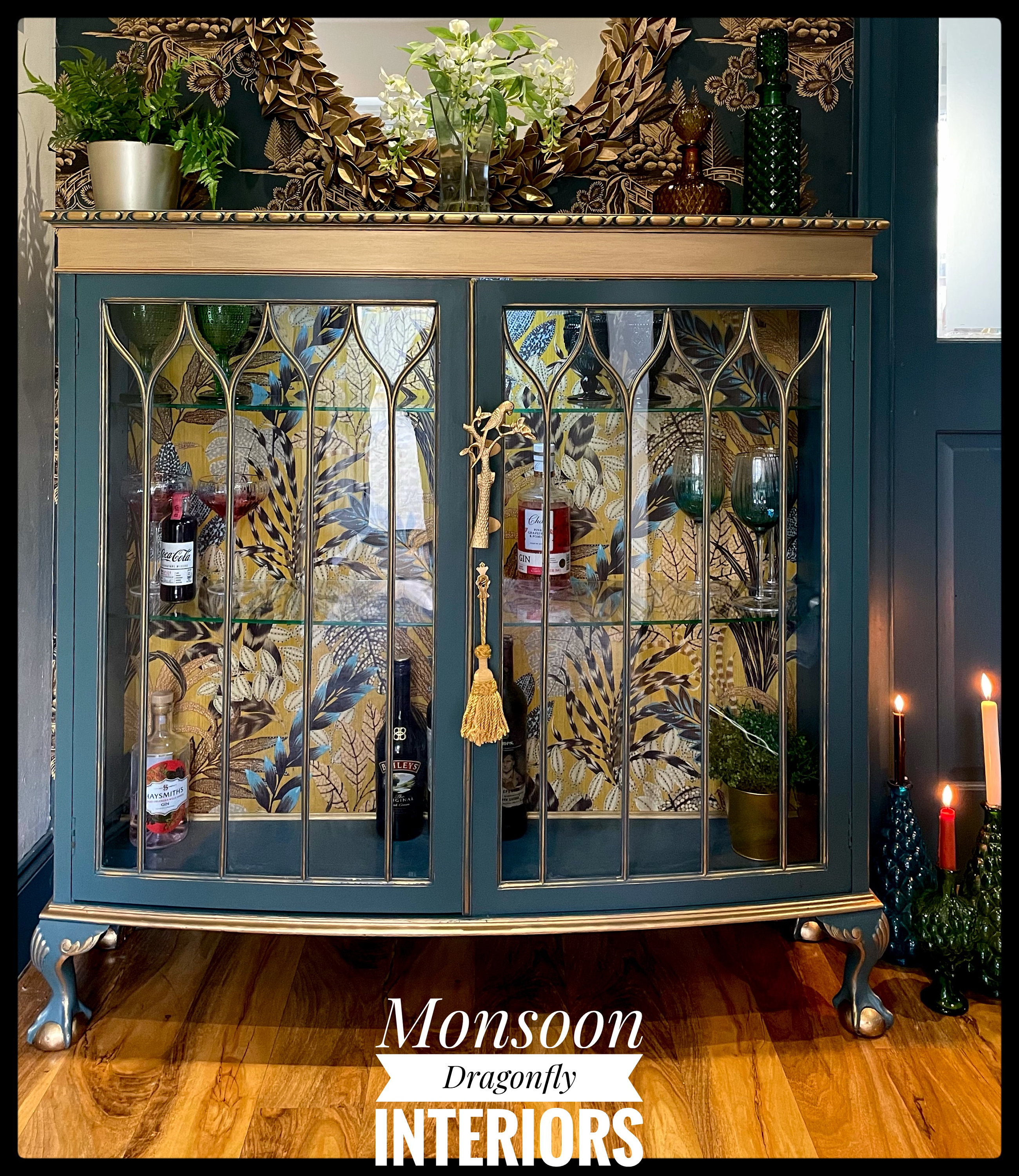 Upcycled Drinks Cocktails Display Cabinet Bar In Farrow and Ball paint Designer WallPaper