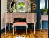 Vintage French Louis Style Olympus Antoinette Dressing Table Triple Mirror Stool With Glass Top Painted Deep Pink Gold