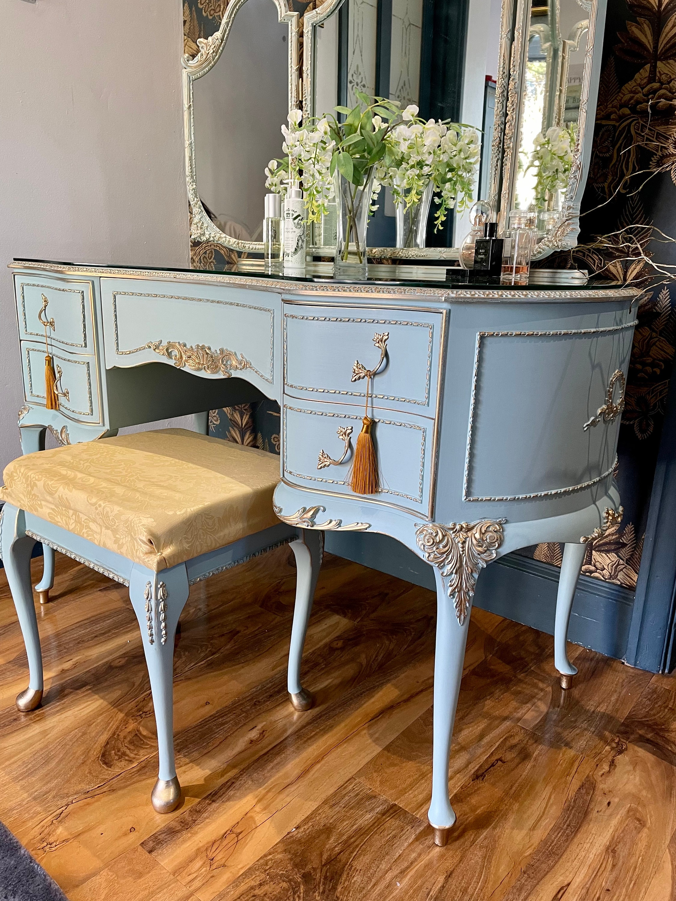 Vintage French Louis Style Olympus Antoinette Dressing Table ,Mirror &Stool  Duck Egg Blue