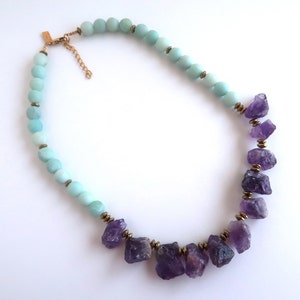 Raw Amethyst Necklace, One of a kind necklace, Raw gemstone necklace, Purple Amethyst necklace, Chunky beaded necklace