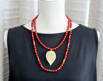 red statement necklace, red bead necklace, red and gold necklace, multi strand statement necklace, one of a kind necklace