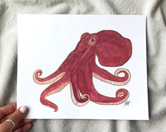 Octopus Print | Gilded Octopus | Octopus Painting | Coastal Home Decor | Nautical Decor | Octopus Art | Watercolor | Ocean Art | Sea Life